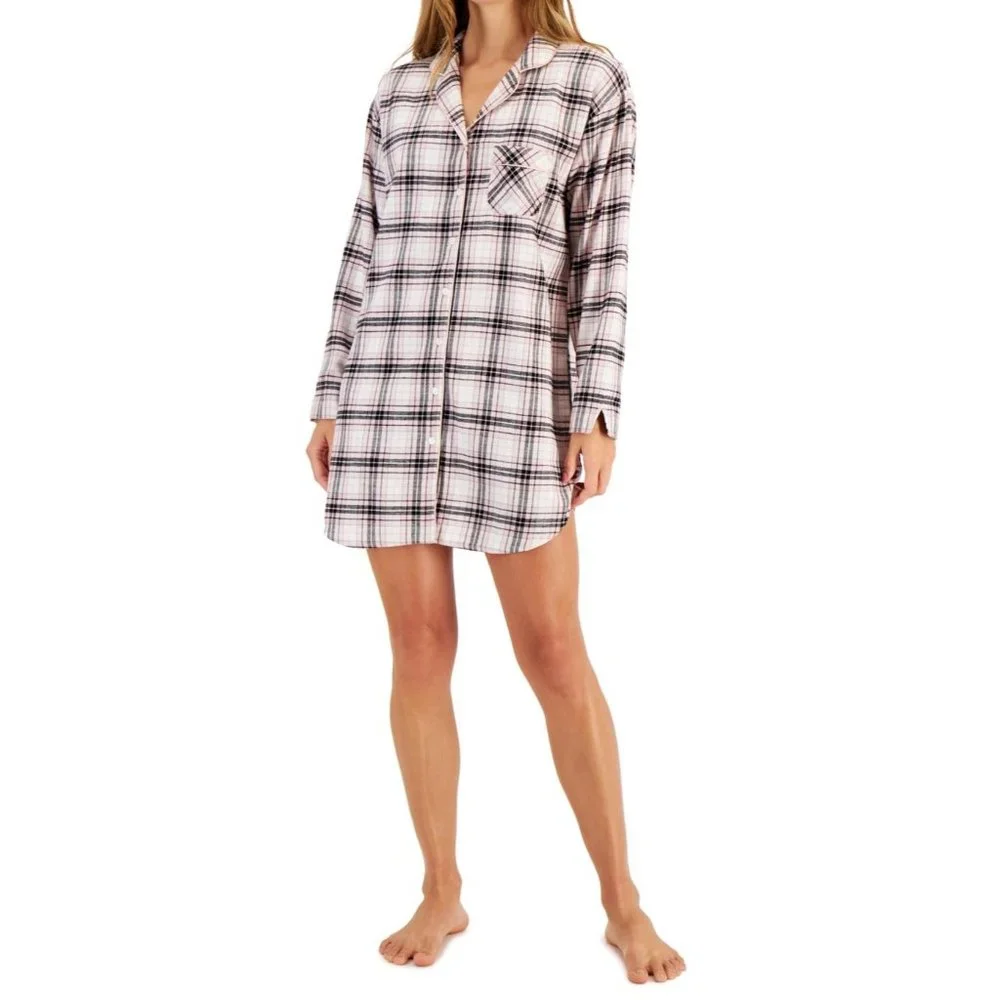 Charter Club Cotton Plaid Flannel Nightshirt Sleepshirt Long Sleeve Pink NEW XS